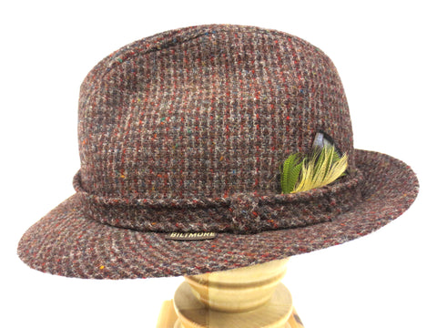 Vintage Brown Wool Tweed Fedora, Biltmore Hat Made in Canada, Harris Tweed, 7"