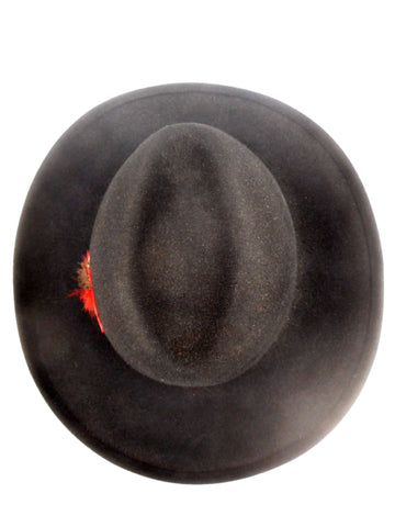 Vintage Rancher Cowboy Fedora Black Felt Hat Size 6 3/4 Small by Henri-Henri Montreal, Leather Ribbon, Large 3" Brim, Red Feathers