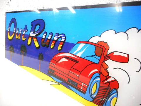 Original 1980s Plexiglas Arcade Game Machine Marquee, Out Run Game by Sega, 24 X 7.5 inches, Red Ferrari Racing Car