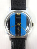Vintage 1960's Pobeda Men's Watch from Russia USSR, Blue Black Stripes Dial, Silver Tone Hexagonal Case, Black Leather Band