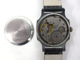Vintage 1960's Pobeda Men's Watch from Russia USSR, Blue Black Stripes Dial, Silver Tone Hexagonal Case, Black Leather Band