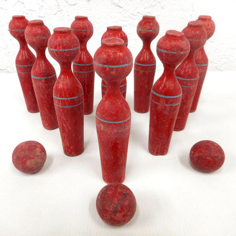 Antique Circus Fair Wooden Bowling Balls and Pins Toy Game Set, Red with Blue Stripes, 4 1/2" Tall Pins, Original Paint