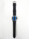 Vintage 1960's Pobeda Men's Watch from Russia USSR, Blue Black Stripes Dial, Silver Tone Hexagonal Case, Black Leather Band