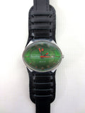 Large Vintage Chaika Automatic 23 Jewels Silver Tone Russian Men's Watch, Day Date, Pilot Leather Band, Wide 43 mm Stadium Case, Green Dial