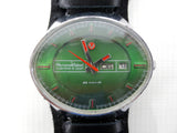 Large Vintage Chaika Automatic 23 Jewels Silver Tone Russian Men's Watch, Day Date, Pilot Leather Band, Wide 43 mm Stadium Case, Green Dial