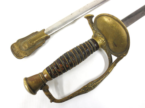 Antique 1890's French General Staff Officer Straight Court Sword with Scabbard 35", Brass Hilt, Arrows & Wings Emblem, Leather Handle, Wires