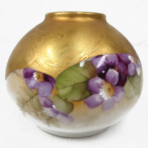 Antique Victorian Porcelain Gild Gold Leafed Lamp Light Shade Globe 3 3/4" Diameter, Green Purple Flowers, Embossed