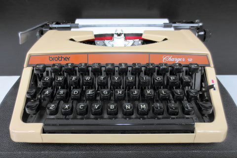 Vintage 1980's Brother Charger 12 Portable Typewriter with Original Case, Nagoya Japan, Brown, Beige and Black